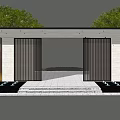 Modern Entrance Gate With Wooden Vertical Slats Stone Walls Steps And Lush Greenery