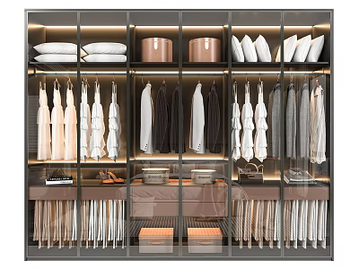 Modern Wardrobe Interior With Glass Doors Hanging Clothes Folded Quilts And Storage Boxes 3d model