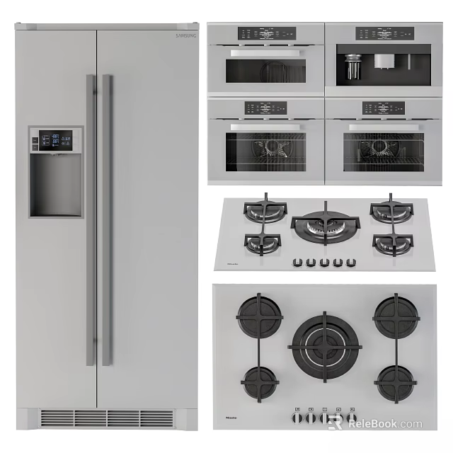 Modern Kitchen Appliances Showcasing Refrigerator Built In Ovens And Gas Stoves 3d model 
