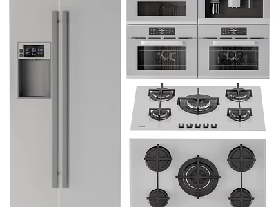 Modern Kitchen Appliances Showcasing Refrigerator Built In Ovens And Gas Stoves 3d model