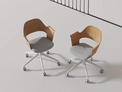 Two Modern Office Chairs With Wooden Armrests Gray Cushions And Swivel Wheels 3d model