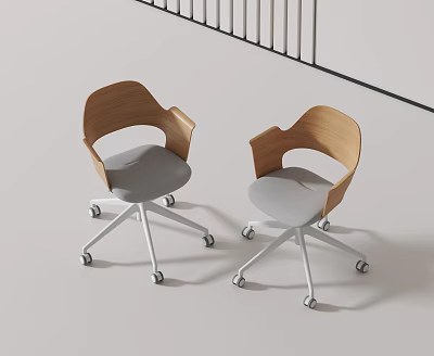 Two Modern Office Chairs With Wooden Armrests Gray Cushions And Swivel Wheels 3d model