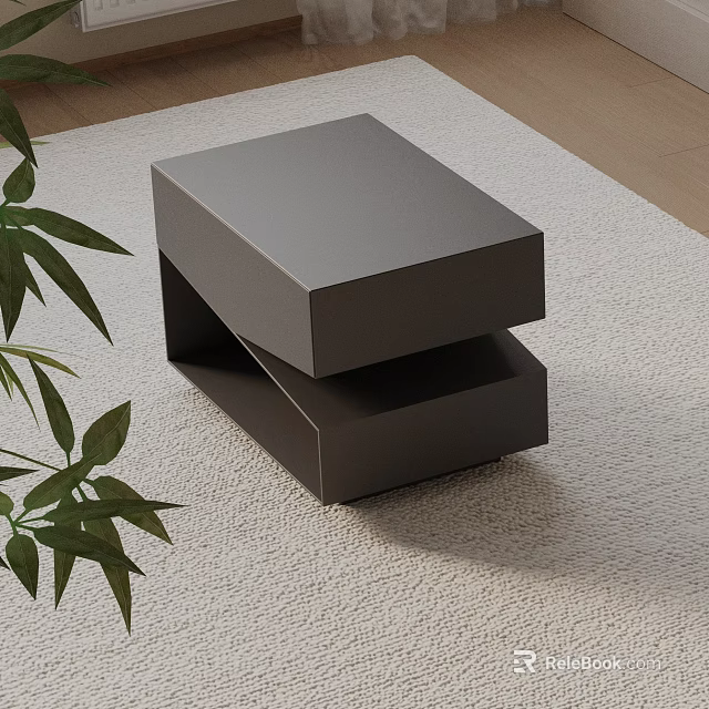 Modern Dark Gray Bedside Table With Layered Design And Green Plant On Light Rug 3d model 