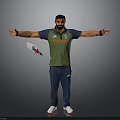 Man In Green Vest Red Text Blue Pants White Sneakers Arms Outstretched Holding Cricket Bat
