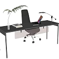 Modern Office Desk With Laptop Desk Lamp Green Plant Books And Ergonomic Chair