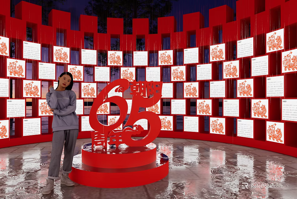 Popular Photo Spot With Red 65 Sculpture Surrounded By Red Wall And Display Frames 3d model 