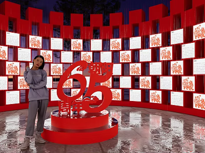 Popular Photo Spot With Red 65 Sculpture Surrounded By Red Wall And Display Frames 3d model