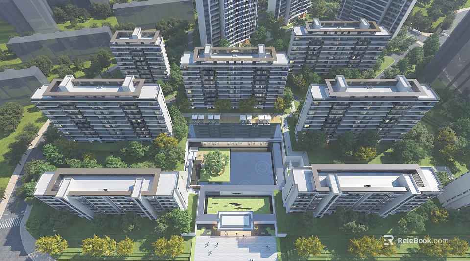 Aerial View Residential Community Planning With High Rise Buildings And Central Green Courtyard 3d model 