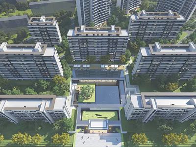 Aerial View Residential Community Planning With High Rise Buildings And Central Green Courtyard 3d model