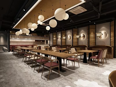 Modern Restaurant Interior With Round Pendant Lights Wooden Tables Decorative Wall Panels And Stone Floor 3d model
