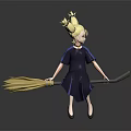 Young Girl Character With Twin Ponytails In Blue Dress Holding Yellow Bristle Broom