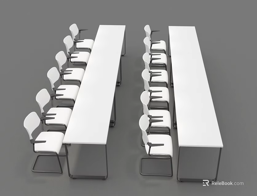 Two Long Conference Tables with White Armrest Chairs and Black Metal Legs 3d model 