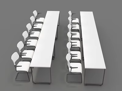 Two Long Conference Tables with White Armrest Chairs and Black Metal Legs 3d model