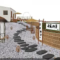 Serene Garden Landscape Featuring White Building Thatched Pavilion Stone Path Bamboo Fence Lanterns And Pebble Ground