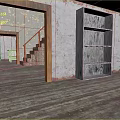 Dilapidated Room Interior Featuring Wooden Floor Peeling Plaster Walls Staircase And Old Cabinet