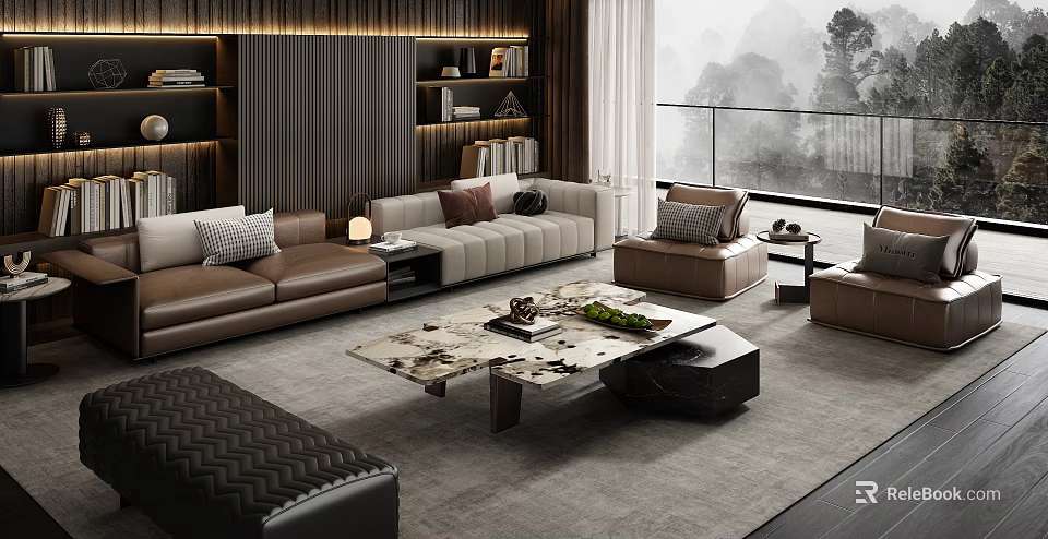 Modern Living Room Interior Design With Sofa Marble Coffee Table And Floor to Ceiling Window 3d model 