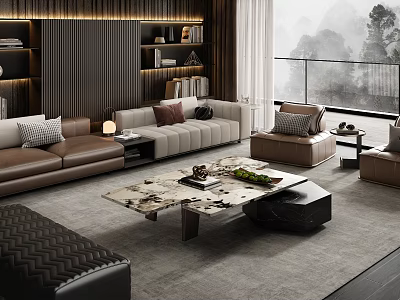 Modern Living Room Interior Design With Sofa Marble Coffee Table And Floor to Ceiling Window 3d model