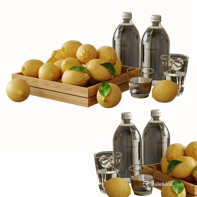 Fresh Lemons Decorative Ornament Set With Wooden Crate Glass Bottles And Ice Cups 3d model 
