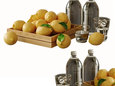 Fresh Lemons Decorative Ornament Set With Wooden Crate Glass Bottles And Ice Cups 3d model