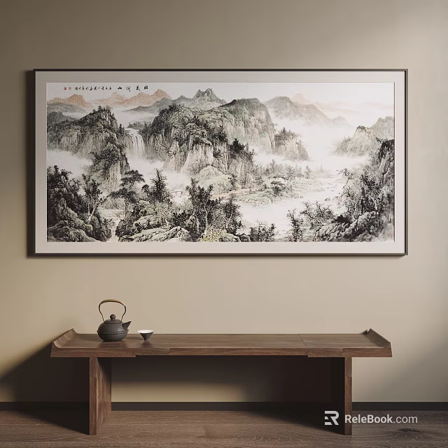 Traditional Chinese Landscape Painting with Mountains Water Trees Mist Hanging on Wall Above Wooden Table 3d model 