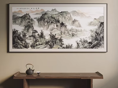 Traditional Chinese Landscape Painting with Mountains Water Trees Mist Hanging on Wall Above Wooden Table 3d model