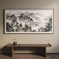 Traditional Chinese Landscape Painting with Mountains Water Trees Mist Hanging on Wall Above Wooden Table