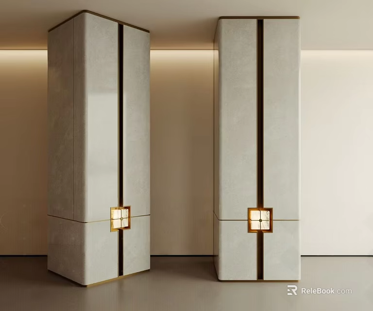Modern Marble Columns With Golden Accent Lines And Square Lights In Interior 3d model 