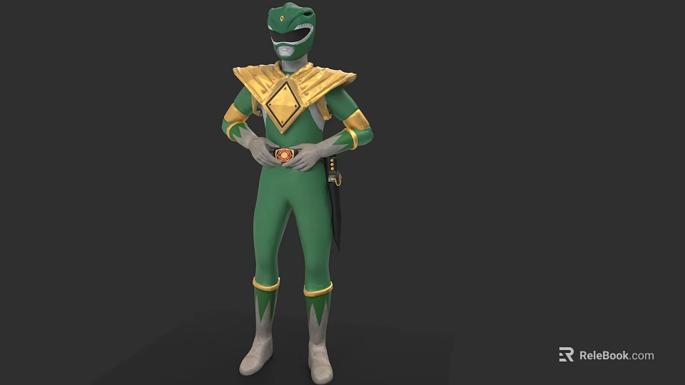 Green Ranger Character In Green Suit With Gold Diamond Chest Red Belt And Sword 3d model 