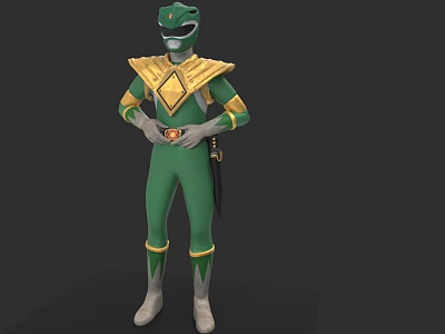 Green Ranger Character In Green Suit With Gold Diamond Chest Red Belt And Sword 3d model