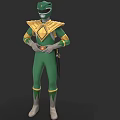 Green Ranger Character In Green Suit With Gold Diamond Chest Red Belt And Sword