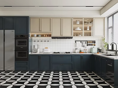 Modern Kitchen Interior With Dark Cabinets Tile Backsplash And Geometric Floor Design 3d model