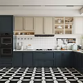 Modern Kitchen Interior With Dark Cabinets Tile Backsplash And Geometric Floor Design 3d model