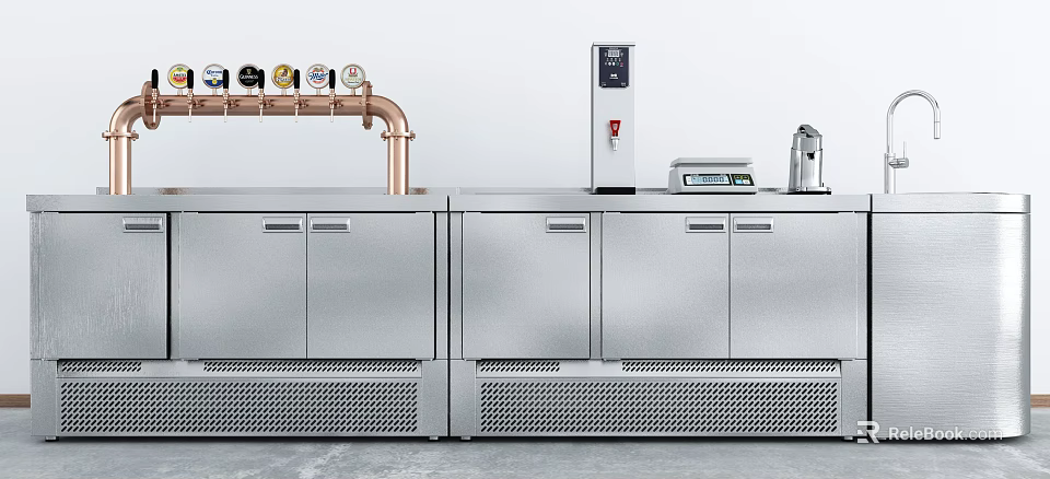 Commercial Kitchen Equipment Setup With Stainless Steel Cabinets Copper Pipes Digital Display And Scale 3d model 