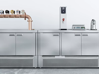 Commercial Kitchen Equipment Setup With Stainless Steel Cabinets Copper Pipes Digital Display And Scale 3d model