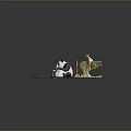 Two Adorable Pandas Model Scene With Wooden Signboard And Green Plants