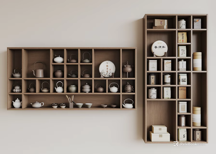 Wooden Bogu Shelf with Tea Sets Ceramic Pots Decorative Plates and Storage Boxes 3d model 