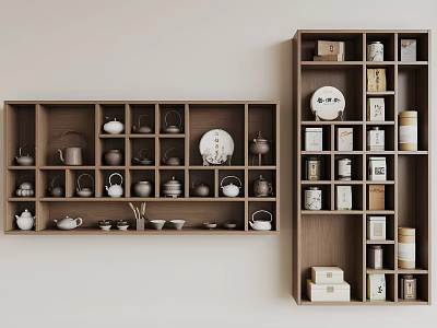 Wooden Bogu Shelf with Tea Sets Ceramic Pots Decorative Plates and Storage Boxes 3d model