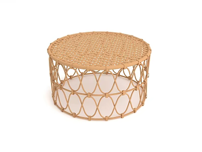 Light Brown Rattan Round Coffee Table With Hoop Design And Woven Surface 3d model