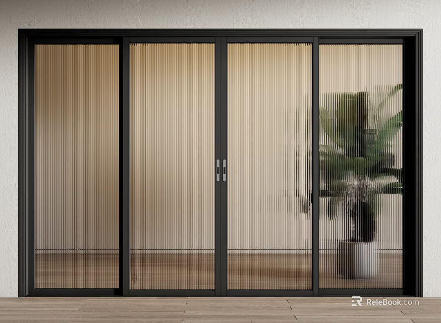 Black Framed Sliding Doors with Vertical Glass Slats in Modern Interior and Potted Plant 3d model 