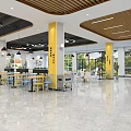 Spacious Cafeteria Interior With Food Stalls Yellow Pillars Wooden Ceiling And Tables Chairs