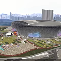 Modern Large Sports Stadium with Cityscape Waterfront View Green Area and Fitness Facilities