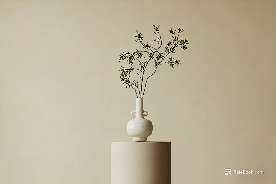 White Ceramic Vase With Small Branches And Leaves On Cylindrical Pedestal Against Neutral Background 3d model 