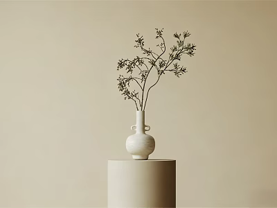 White Ceramic Vase With Small Branches And Leaves On Cylindrical Pedestal Against Neutral Background 3d model