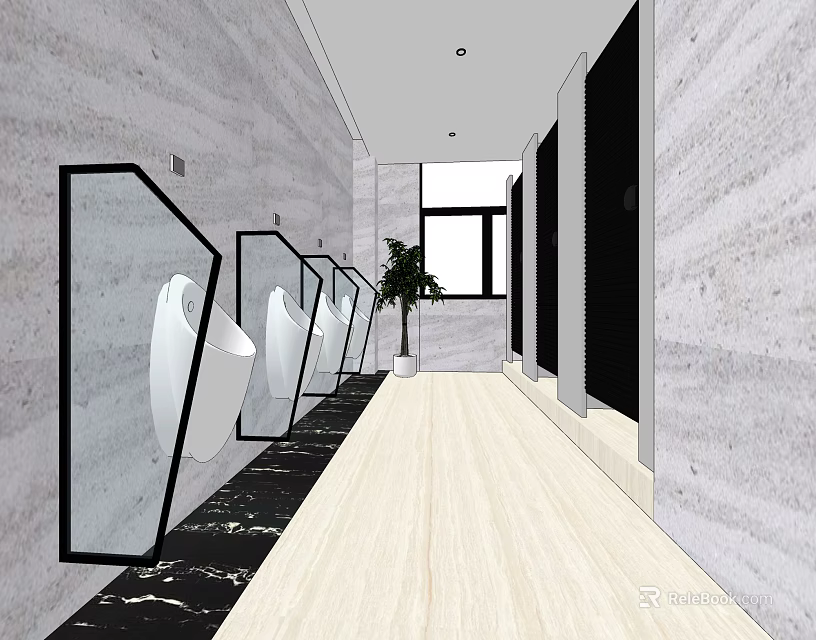 Public Restroom Interior With White Urinals Black Glass Partitions Green Plants Light Wooden Flooring Gray Walls 3d model 