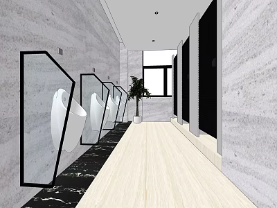 Public Restroom Interior With White Urinals Black Glass Partitions Green Plants Light Wooden Flooring Gray Walls 3d model