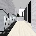 Public Restroom Interior With White Urinals Black Glass Partitions Green Plants Light Wooden Flooring Gray Walls