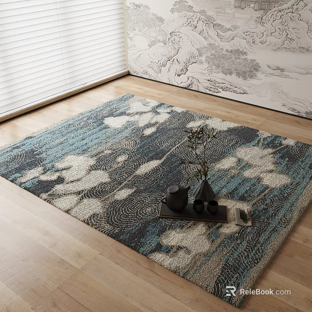 Square Rug With Blue And White Pattern Alongside Small Coffee Table Vase And Tea Set 3d model