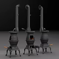 Three Black Cast Iron Kitchen Stoves Featuring Tall Chimneys And Central Burning Flame 3d model