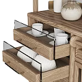 Natural Wooden Sideboard Cabinet With Open Shelves Dishes Vase And Wine Glasses Decor
