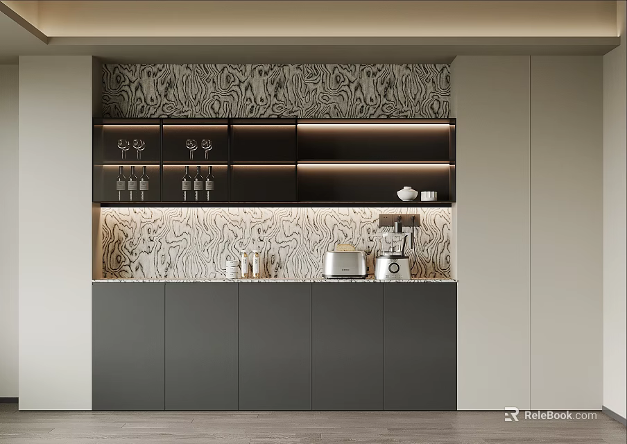 Modern Sideboard With Gray Cabinet LED Lighting Glass Doors And Tea Set 3d model 
